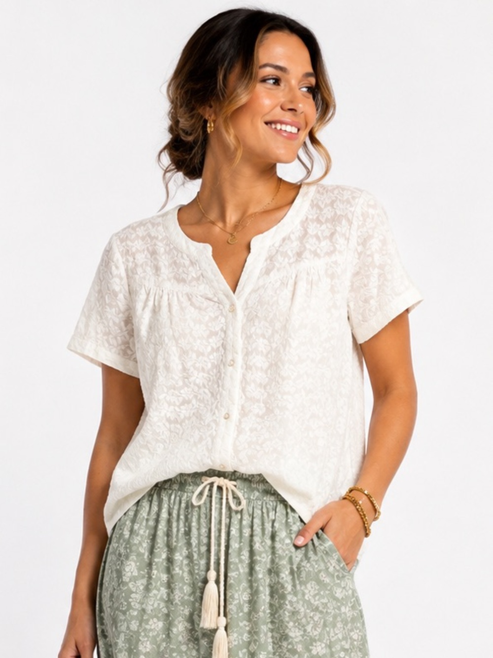 Soyaconcept White Textured Button Front Blouse Short Sleeve Medium NWOT